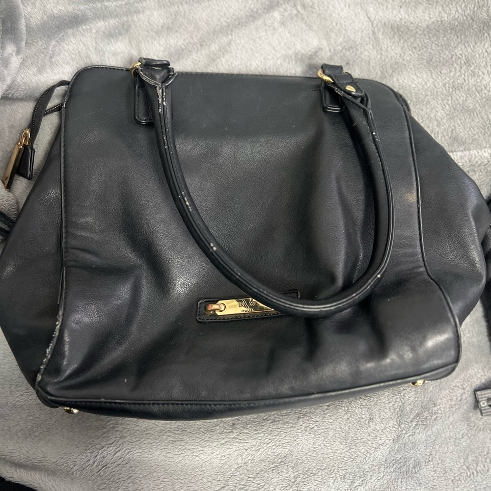 Versace Black Leather Shoulder Bag with Gold Details